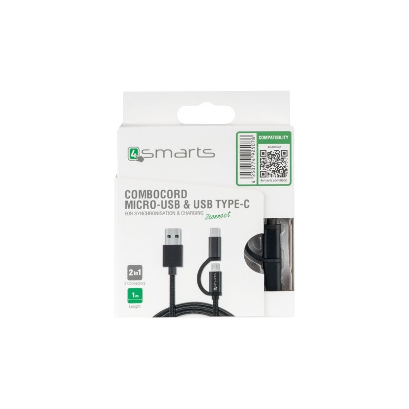 4smarts Micro-USB & USB-C Kabel ComboCord 1m, Textil Schwarz